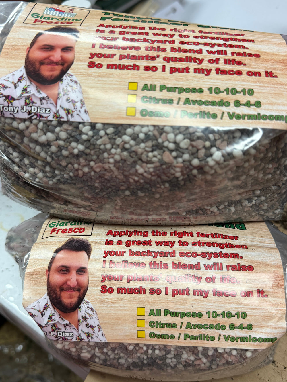 Bag of 10-10-10 fertilizer for fruit trees at Giardino Fresco in Miami